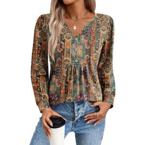 Zeagoo Long Sleeve Shirts for Women 2025 Casual Pleated V Neck Fall Tunic Tops Button Down Blouse Dressy Loose T-Shirts(01-ethnic Floral 01)