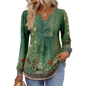 Zeagoo Long Sleeve Shirts for Women 2025 Casual Pleated V Neck Fall Tunic Tops Button Down Blouse Dressy Loose T-Shirts(02-green Ethnic Print)