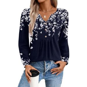 Zeagoo Long Sleeve Shirts for Women 2025 Casual Pleated V Neck Fall Tunic Tops Button Down Blouse Dressy Loose T-Shirts(02-navy Flower)