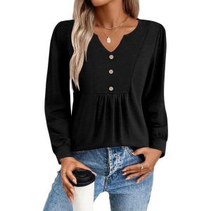 Zeagoo Long Sleeve Shirts for Women 2025 Casual Pleated V Neck Fall Tunic Tops Button Down Blouse Dressy Loose T-Shirts(Black)