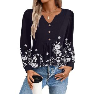 Zeagoo Long Sleeve Shirts for Women 2025 Casual Pleated V Neck Fall Tunic Tops Button Down Blouse Dressy Loose T-Shirts(Black Floral)