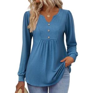 Zeagoo Long Sleeve Shirts for Women 2025 Casual Pleated V Neck Fall Tunic Tops Button Down Blouse Dressy Loose T-Shirts(Blue)