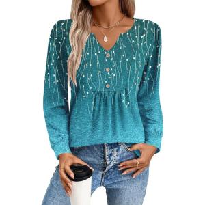 Zeagoo Long Sleeve Shirts for Women 2025 Casual Pleated V Neck Fall Tunic Tops Button Down Blouse Dressy Loose T-Shirts(Blue Floral)