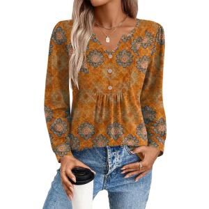 Zeagoo Long Sleeve Shirts for Women 2025 Casual Pleated V Neck Fall Tunic Tops Button Down Blouse Dressy Loose T-Shirts(Caramel Brown Ethnic)