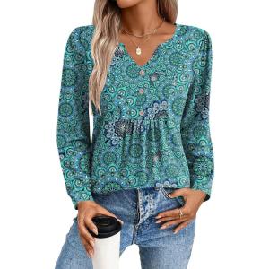 Zeagoo Long Sleeve Shirts for Women 2025 Casual Pleated V Neck Fall Tunic Tops Button Down Blouse Dressy Loose T-Shirts(Green Floral)