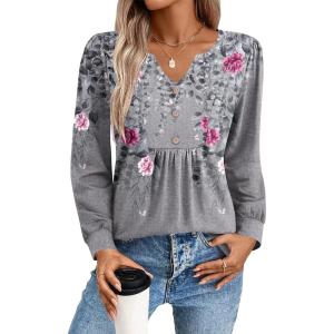 Zeagoo Long Sleeve Shirts for Women 2025 Casual Pleated V Neck Fall Tunic Tops Button Down Blouse Dressy Loose T-Shirts(Grey Floral)