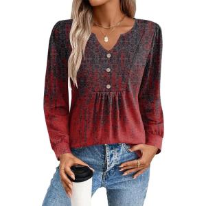 Zeagoo Long Sleeve Shirts for Women 2025 Casual Pleated V Neck Fall Tunic Tops Button Down Blouse Dressy Loose T-Shirts(Grey Red Print)