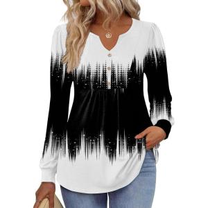 Zeagoo Long Sleeve Shirts for Women 2025 Casual Pleated V Neck Fall Tunic Tops Button Down Blouse Dressy Loose T-Shirts(Jb204)