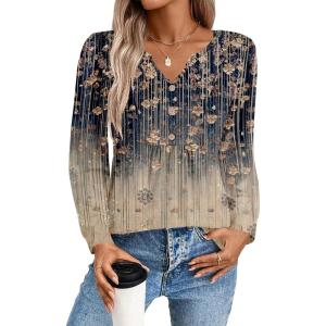 Zeagoo Long Sleeve Shirts for Women 2025 Casual Pleated V Neck Fall Tunic Tops Button Down Blouse Dressy Loose T-Shirts(Khaki Floral)