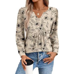 Zeagoo Long Sleeve Shirts for Women 2025 Casual Pleated V Neck Fall Tunic Tops Button Down Blouse Dressy Loose T-Shirts(Light Coffee Floral)