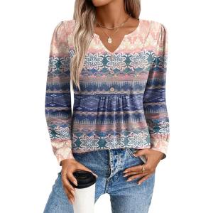 Zeagoo Long Sleeve Shirts for Women 2025 Casual Pleated V Neck Fall Tunic Tops Button Down Blouse Dressy Loose T-Shirts(Mz814)
