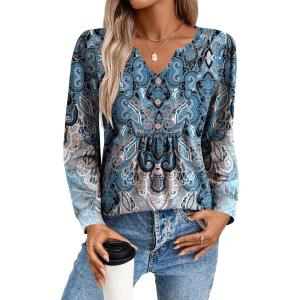 Zeagoo Long Sleeve Shirts for Women 2025 Casual Pleated V Neck Fall Tunic Tops Button Down Blouse Dressy Loose T-Shirts(Mz837)