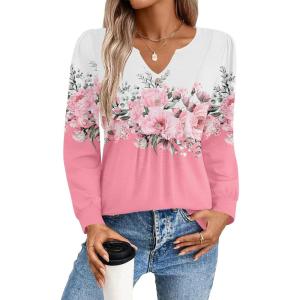 Zeagoo Long Sleeve Shirts for Women 2025 Casual Pleated V Neck Fall Tunic Tops Button Down Blouse Dressy Loose T-Shirts(Pink Floral)