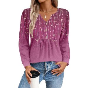 Zeagoo Long Sleeve Shirts for Women 2025 Casual Pleated V Neck Fall Tunic Tops Button Down Blouse Dressy Loose T-Shirts(Pink Print)