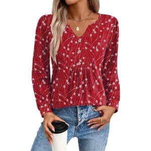 Zeagoo Long Sleeve Shirts for Women 2025 Casual Pleated V Neck Fall Tunic Tops Button Down Blouse Dressy Loose T-Shirts(Red Floral)