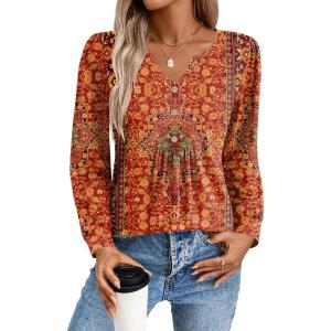 Zeagoo Long Sleeve Shirts for Women 2025 Casual Pleated V Neck Fall Tunic Tops Button Down Blouse Dressy Loose T-Shirts(Vintage Flower)