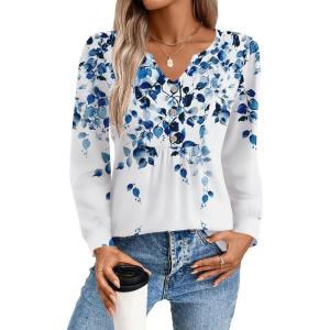 Zeagoo Long Sleeve Shirts for Women 2025 Casual Pleated V Neck Fall Tunic Tops Button Down Blouse Dressy Loose T-Shirts(Wf41)