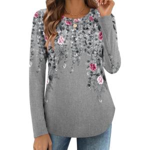 Zeagoo Long Sleeve Shirts for Women Crew Neck Casual Fall Fashion Blouses Basic Tunic Tops Dressy Work Clothes(A-grey Print-hf36)