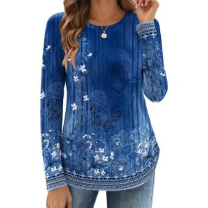 Zeagoo Long Sleeve Shirts for Women Crew Neck Casual Fall Fashion Blouses Basic Tunic Tops Dressy Work Clothes(Blue Flower-mz712)