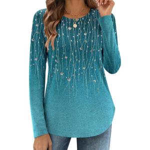 Zeagoo Long Sleeve Shirts for Women Crew Neck Casual Fall Fashion Blouses Basic Tunic Tops Dressy Work Clothes(Green Leave-xh363)