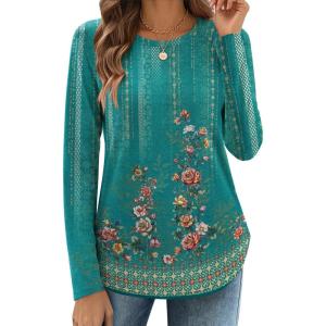 Zeagoo Long Sleeve Shirts for Women Crew Neck Casual Fall Fashion Blouses Basic Tunic Tops Dressy Work Clothes(Green Print-mz871)