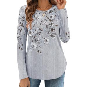 Zeagoo Long Sleeve Shirts for Women Crew Neck Casual Fall Fashion Blouses Basic Tunic Tops Dressy Work Clothes(Grey Print-dh62)