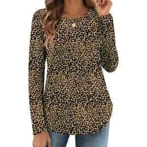 Zeagoo Long Sleeve Shirts for Women Crew Neck Casual Fall Fashion Blouses Basic Tunic Tops Dressy Work Clothes(Leopard Print-an136)
