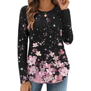 Zeagoo Long Sleeve Shirts for Women Crew Neck Casual Fall Fashion Blouses Basic Tunic Tops Dressy Work Clothes(Pink Flower-sf31)