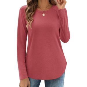 Zeagoo Long Sleeve Shirts for Women Crew Neck Casual Fall Fashion Blouses Basic Tunic Tops Dressy Work Clothes(Red)