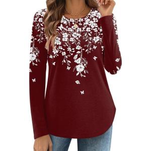 Zeagoo Long Sleeve Shirts for Women Crew Neck Casual Fall Fashion Blouses Basic Tunic Tops Dressy Work Clothes(Red Print-sf186)