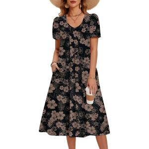 Zeagoo Summer Dress for Women Casual Floral Midi Sundress with Pockets V Neck Pleated Short Sleeve Aline Beach Vacation Dress(Black Floral Print)