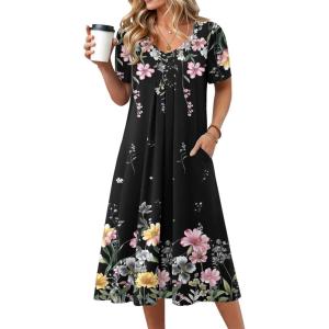 Zeagoo Summer Dress for Women Casual Floral Midi Sundress with Pockets V Neck Pleated Short Sleeve Aline Beach Vacation Dress(Black Floral-1)
