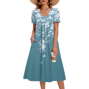 Zeagoo Summer Dress for Women Casual Floral Midi Sundress with Pockets V Neck Pleated Short Sleeve Aline Beach Vacation Dress(Floral-4)