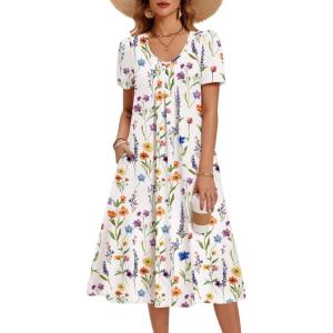 Zeagoo Summer Dress for Women Casual Floral Midi Sundress with Pockets V Neck Pleated Short Sleeve Aline Beach Vacation Dress(Floral-5)