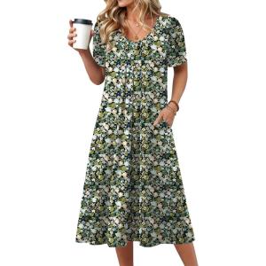 Zeagoo Summer Dress for Women Casual Floral Midi Sundress with Pockets V Neck Pleated Short Sleeve Aline Beach Vacation Dress(Green Floral)
