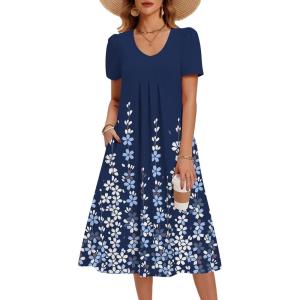 Zeagoo Summer Dress for Women Casual Floral Midi Sundress with Pockets V Neck Pleated Short Sleeve Aline Beach Vacation Dress(Navy Floral)