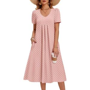 Zeagoo Summer Dress for Women Casual Floral Midi Sundress with Pockets V Neck Pleated Short Sleeve Aline Beach Vacation Dress(Pink Dot)