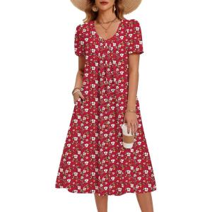 Zeagoo Summer Dress for Women Casual Floral Midi Sundress with Pockets V Neck Pleated Short Sleeve Aline Beach Vacation Dress(Red Floral)