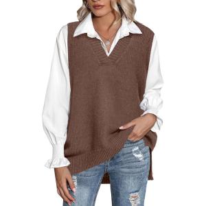Zeagoo Sweater Vest Women Sleeveless V Neck Oversized Pullover Knitted Tops 2026 Fall Outfits(Brown)