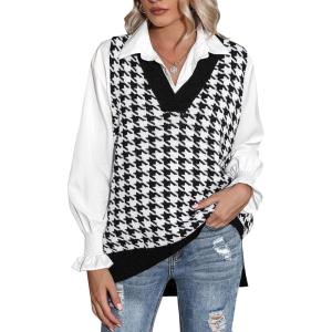 Zeagoo Sweater Vest Women Sleeveless V Neck Oversized Pullover Knitted Tops 2026 Fall Outfits(Houndstooth Black and White)