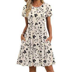 Zeagoo Women Summer Dress 2026 Short Sleeve Aline Mini Dresses with Pockets Casual Swing Tshirt Dress Vocation Beach Sundress(Beige Print)