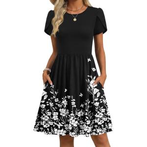 Zeagoo Women Summer Dress 2026 Short Sleeve Aline Mini Dresses with Pockets Casual Swing Tshirt Dress Vocation Beach Sundress(Black Floral)