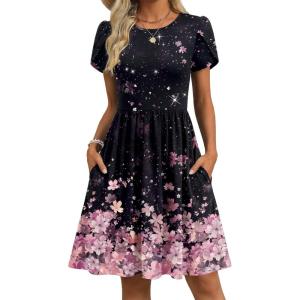 Zeagoo Women Summer Dress 2026 Short Sleeve Aline Mini Dresses with Pockets Casual Swing Tshirt Dress Vocation Beach Sundress(Black Pink Floral)
