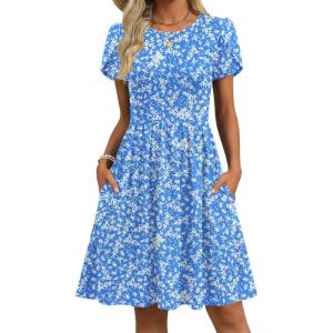 Zeagoo Women Summer Dress 2026 Short Sleeve Aline Mini Dresses with Pockets Casual Swing Tshirt Dress Vocation Beach Sundress(Blue Floral)