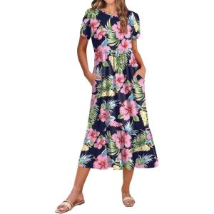 Zeagoo Women Summer Midi A Line Dress Short Sleeve Casual Flowy Tiered Beach Long Sundress with Pockets 2026 Vacation Travel(Pink Floral)