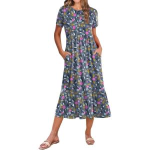 Zeagoo Women Summer Midi A Line Dress Short Sleeve Casual Flowy Tiered Beach Long Sundress with Pockets 2026 Vacation Travel(Rose Red Floral)