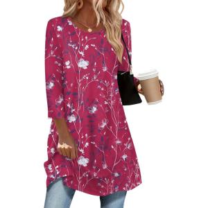 Zeagoo Women Tops 3/4 Sleeve Dressy Casual Plus Size Tunics to Wear with Leggings Swing Flare T-Shirt Loose Blouses(Hot Pink Flower-sf243)