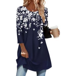 Zeagoo Women Tops 3/4 Sleeve Dressy Casual Plus Size Tunics to Wear with Leggings Swing Flare T-Shirt Loose Blouses(Navy Blue Flowers-sf103)