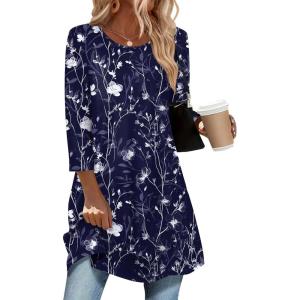 Zeagoo Women Tops 3/4 Sleeve Dressy Casual Plus Size Tunics to Wear with Leggings Swing Flare T-Shirt Loose Blouses(Navy Flower-sf180)