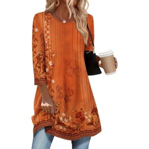 Zeagoo Women Tops 3/4 Sleeve Dressy Casual Plus Size Tunics to Wear with Leggings Swing Flare T-Shirt Loose Blouses(Orange Flower-mz867)